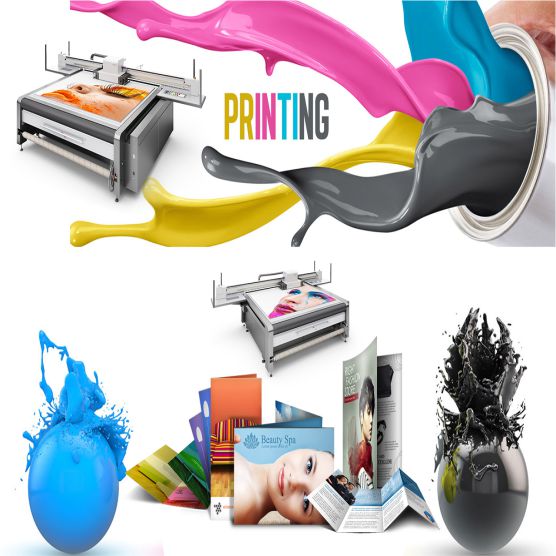 miscellaneous printing images in colour including printers, paint, splashes, brochures