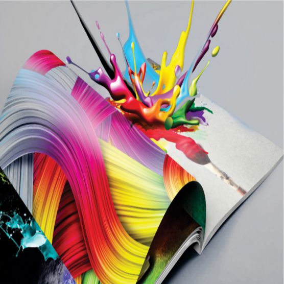 3D multicoloured paint splashes in open book