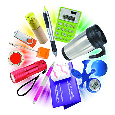 miscellaneous promotional items in colour including flask, torch, memory sticks, calculator, pens and pencils