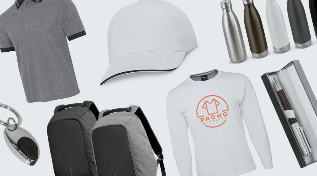 various printed apparel and promotional items inc flasks, caps and backpacks